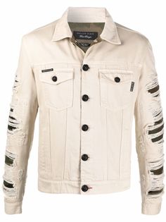 Philipp Plein джинсовая куртка с прорезями и камуфляжным принтом