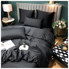 Комплект постельного белья Soft Box Черный жемчуг Семейный, Мако-сатин, простыня на резинке 180х200х30, наволочки 50x70, 70x70