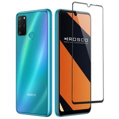 Защитное стекло ROSCO с черной рамкой для Honor 9A и Huawei Y6P (Хонор 9А и Хуавей У6п), силиконовая клеевая основа
