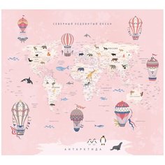 Фотообои флизелиновые Топ Фотообои Карта для девочек с воздушными шарами и животными 300х270 (ШхВ) светло-розовый/бледно-розовый/персиковый/темно-бежевый/пастельно-розовый