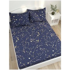 Простыня Сказка Созвездия поплин на резинке 160 х 200 см синий