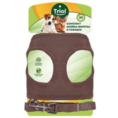 Комплект мягкая шлейка-жилетка и поводок нейлоновый коричневый S, обхват груди 350мм, поводок 15*120 Triol