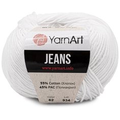 Пряжа YarnArt Jeans 50гр 160м (55% хлопок, 45% полиакрил) (62 белоснежно-белый), 10 мотков