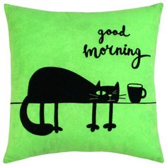 Подушка декоративная MATEX MEOW LINE. GOOD MORNING салатовый с котами без наволочки, подарок ребенку, 35х35 см, разные цвета (для дачи, дом) Матекс
