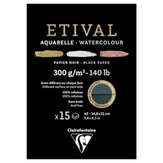 Альбом для акварели 15л., А5, на склейке Clairefontaine "Etival", 300г/м2, торшон,холод.пресс.,черн.