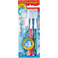 Зубная щетка Silver Care Plus Дельфин, средняя жесткость, зеленый/красный/голубой, 3 шт.