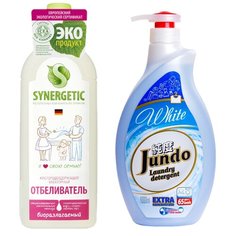 Synergetic Кислородный отбеливатель для белья, флакон-дозатор, 1 л + Jundo «White» Концентрированный гель для стирки Белого белья (65 стирок), 1л