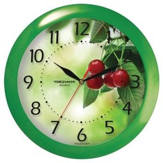 Часы настенные TROYKA 11120162, круг, белые с рисунком "Вишня", зеленая рамка, 29х29х3,5 см Тройка