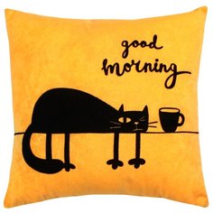 Подушка декоративная MATEX MEOW LINE. GOOD MORNING абрикосовый с котами без наволочки, подарок ребенку, 35х35 см, разные цвета (для дачи, дом) Матекс