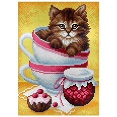 Алмазная мозаика Котенок в чашке, картина стразами Вышиваем бисером 20x28.5 см.