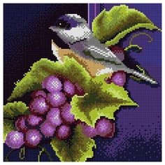 Алмазная мозаика Птичка на винограде (на подрамнике), картина стразами Империя бисера 30x30 см.