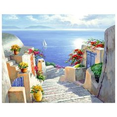 Алмазная мозаика Санторини (На подрамнике), картина стразами Цветной 40x50 см.