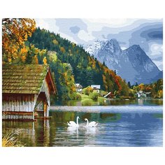 Картина по номерам Лебеди на озере в горах, 40x50 см. ВанГогВоМне