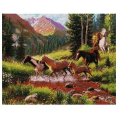 Алмазная мозаика Лошади в горах, картина стразами PaintBoy 40x50 см.