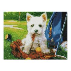 Алмазная мозаика Щенок на поле для гольфа, картина стразами PaintBoy 30x40 см.