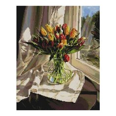 Алмазная мозаика Тюльпаны у окна, картина стразами PaintBoy 40x50 см.