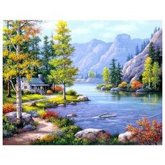Алмазная мозаика Домик у горного озера (На подрамнике), картина стразами Цветной 40x50 см.