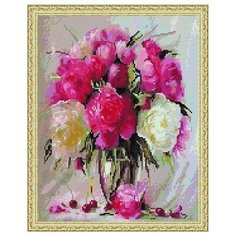 Алмазная мозаика Пионовый букет и черешня, картина стразами PaintBoy 40x50 см.