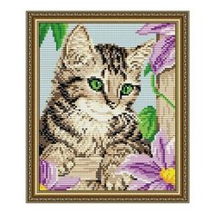Алмазная мозаика Котенок в клематисах, картина стразами АРТ СОЛО 20x24.6 см. Art Solo