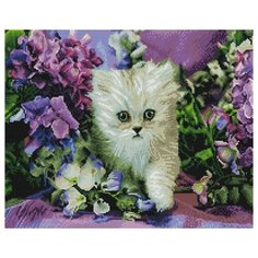 Алмазная мозаика Котенок в ирисах, картина стразами PaintBoy 40x50 см.