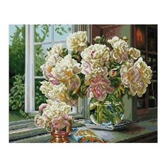 Алмазная мозаика Букет пионов на окне, картина стразами PaintBoy 40x50 см.