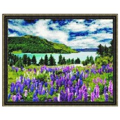 Алмазная мозаика Люпины у озера, картина стразами PaintBoy 40x50 см.