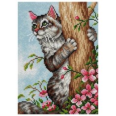 Алмазная мозаика Кот на дереве, картина стразами Вышиваем бисером 20x28.5 см.