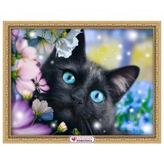 Алмазная мозаика Черный кот в цветах, картина стразами Алмазная живопись 30x40 см.