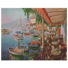 Алмазная мозаика Кафе у причала, картина стразами PaintBoy 40x50 см.