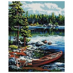 Алмазная мозаика Лодка на берегу, картина стразами PaintBoy 40x50 см.