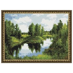 Алмазная мозаика Озеро в лесу, картина стразами PaintBoy 30x40 см.