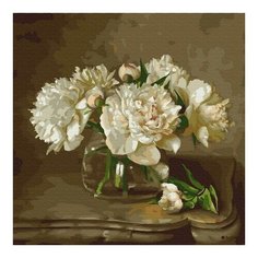 Картина по номерам Бузин. Белые пионы на столике, 30x30 см. Molly