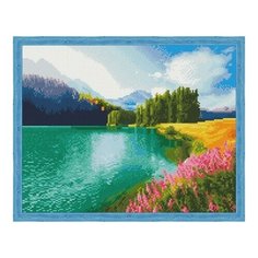 Алмазная мозаика Цветущее поле у озера, картина стразами Цветной 40x50 см.