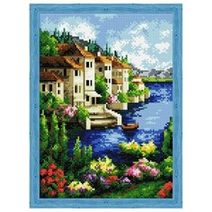 Алмазная мозаика Прибрежный город (На подрамнике), картина стразами Цветной 30x40 см.