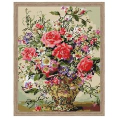 Алмазная мозаика Розы в шикарной вазе (На подрамнике), картина стразами Цветной 40x50 см.