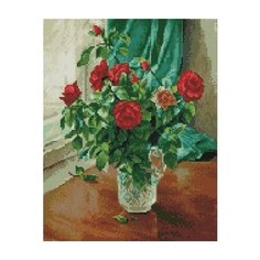 Алмазная мозаика Алые розы у окна, картина стразами PaintBoy 40x50 см.
