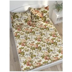 Простыня Сказка Прохоровская роза перкаль на резинке 140x200 см бежевый/зеленый
