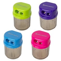 Точилка BRAUBERG "Drum Dual", 2 отверстия, с контейнером, пластиковая, ассорти, 228436
