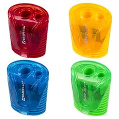 Точилка BRAUBERG "Cell Dual", 2 отверстия, с контейнером, пластиковая, ассорти, 228435