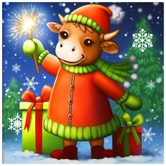 Алмазная мозаика "Бычок и бенгальский огонь", 25x25 см