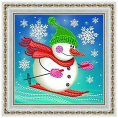 Алмазная мозаика "Снеговик лыжник", 15x15 см