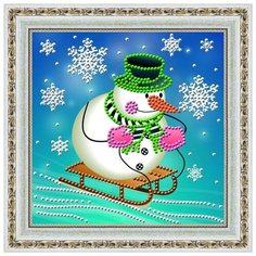 Алмазная мозаика "Снеговик на санках", 15x15 см