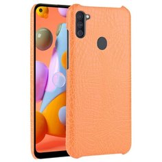 Чехол-накладка Mypads на Samsung Galaxy M11 SM-115F (2020) элегантный тонкий на пластиковой основе с дизайном под кожу крокодила оранжевый