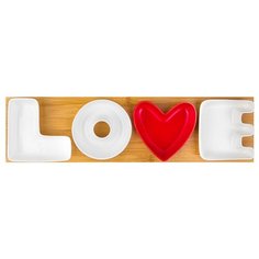 Набор 4 сервировочных блюд 43х11,5х4 см Elan Gallery LOVE - V КРАСНОЕ на деревянной подставке