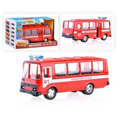 Детская инерционная машинка с открывающимися дверями Serinity Toys, модель Автобус ПАЗ Пожарная служба (со звуковыми и световыми эффектами)
