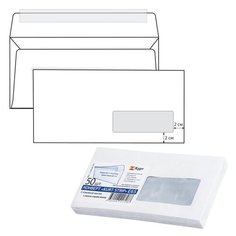 Конверты Е65 (110х220 мм), правое окно, отрывная полоса, белые, КОМПЛЕКТ 50 шт., внутренняя запечатка, 125638.50С Курт