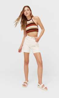 Stradivarius Топ С Вырезом Халтер И Кружевом Кроше Коричневый L