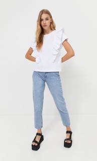 Stradivarius Футболка Из Двух Видов Ткани С Воланами Спереди Белый Xs