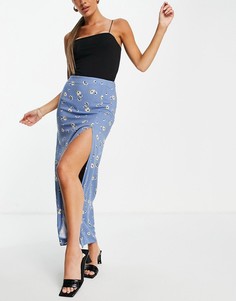 Голубая юбка макси с разрезом до бедра и цветочным принтом ASOS DESIGN-Multi