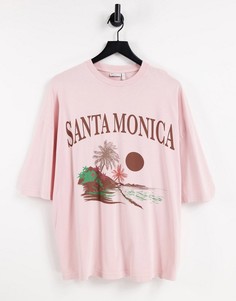 Розовая оversized-футболка с принтом в виде названия города "Santa Monica" ASOS DESIGN-Светло-бежевый цвет